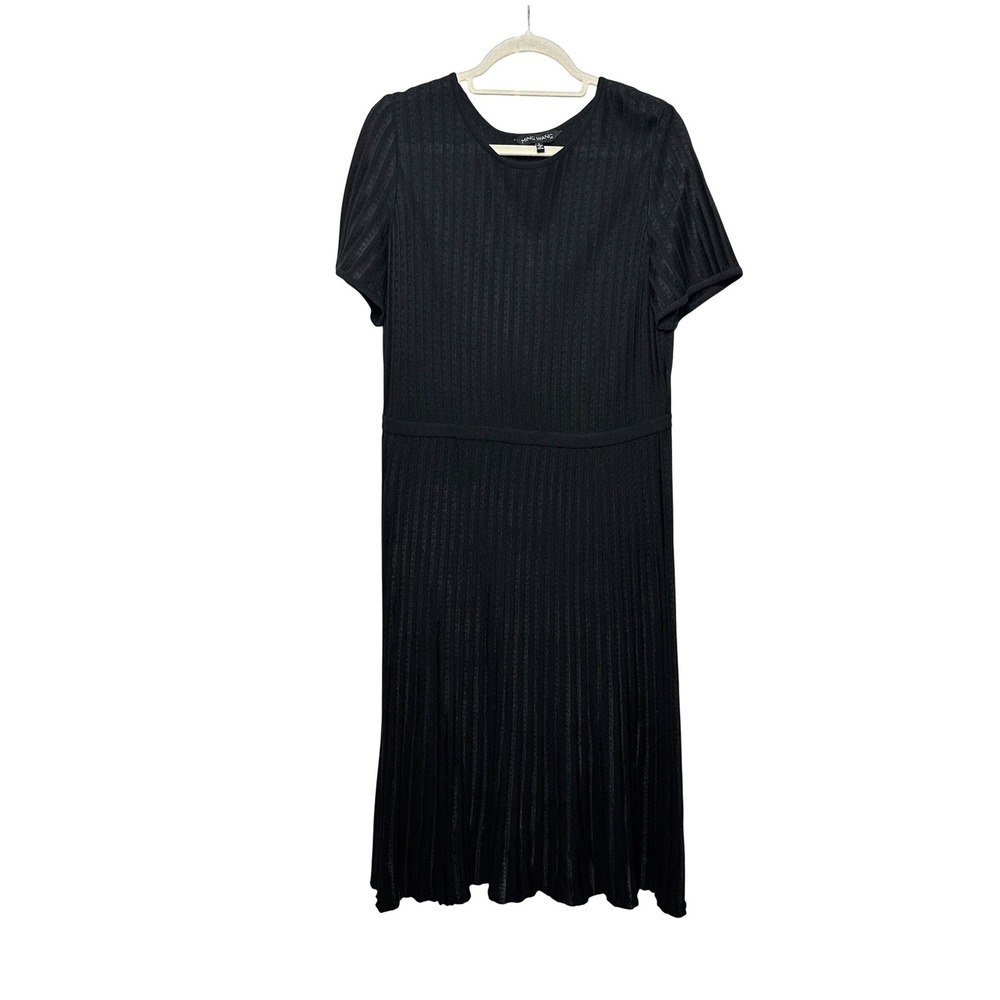 Ming Wang A-line Black Ribbed Linear Knit Short Sleeve Midi Dress Size Large